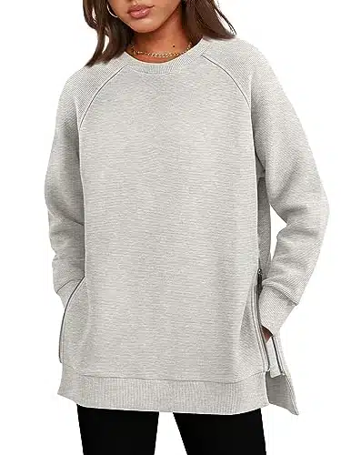 EFAN Womens Oversized Sweatshirts CrewNeck Pullover Casual Hoodies Side Zipper Fall Fashion Outfits Tunic YK Clothes Grey