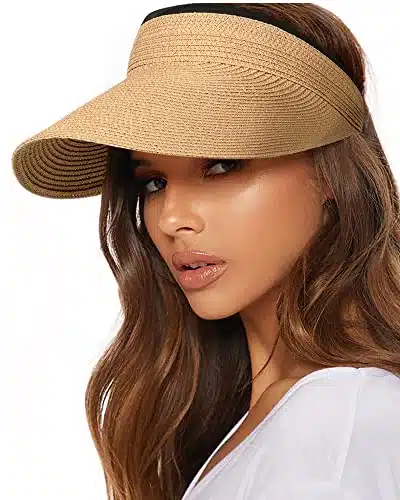 FURTALK Hat Straw Sun Visors for Women Summer Packable Ponytail Beach Hats for Travel UPF + (Wide Brim Khaki, One Size)