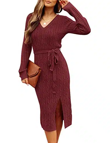 MEROKEETY Women's Long Sleeve V Neck Cable Knit Belted Bodycon Slit Sweater Dress for Party,Burgundy,M