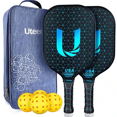 Uteeqe Pickleball Paddles, Graphite Pickleball Paddles Set of , USAPA Pickle Ball Raquette   Semi Rough Texture Surface Lightweight Polymer Honeycomb Pickle Ball Paddles Pickleball Set Balls & Case