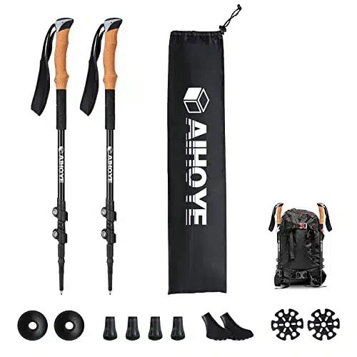 Aihoye Trekking Hiking Poles   Pack Adjustable Hiking Walking Sticks Collapsible Lightweight   Strong Lightweight Aluminum, Quick Flip Lock Hiking Sticks and Comfortable Cork Grips