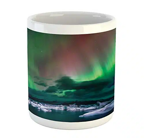 Ambesonne Aurora Borealis Mug, Jokulsarlon Lagoon in Iceland Outdoor Scene Polar Exploring Night Sky, Ceramic Coffee Mug Cup for Water Tea Drinks, oz, Emerald Green