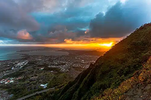 An aerial view of the sunrise from Haiku Stairs (Stairway to Heaven) hiking trail in Kaneohe, Oahu, Hawaii print picture photo photograph fine art