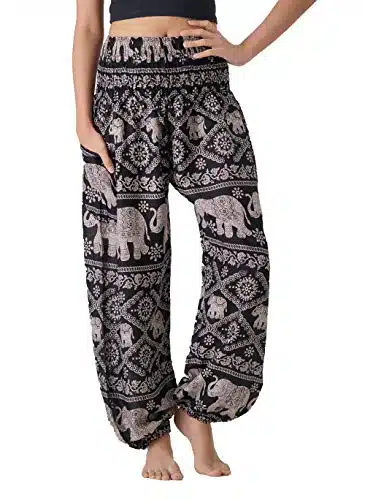 B BANGKOK PANTS Harem Pants Women Boho Clothes with Pockets (Black Elephant, One Size)