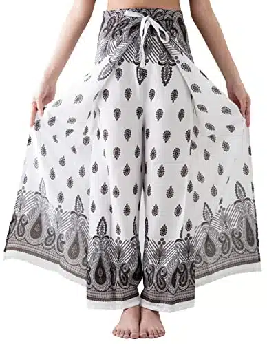 B BANGKOK PANTS Women's Boho Palazzo Pants Wide Leg Yoga Wrap Tie Up Waist (One Size, Bohemian White)