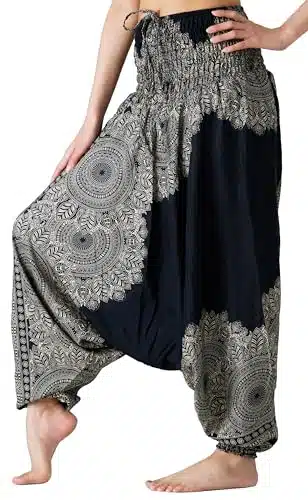 B BANGKOK PANTS Women's Harem Pants Jumpsuit Hippie Clothes (Hippierose Black, One Size)