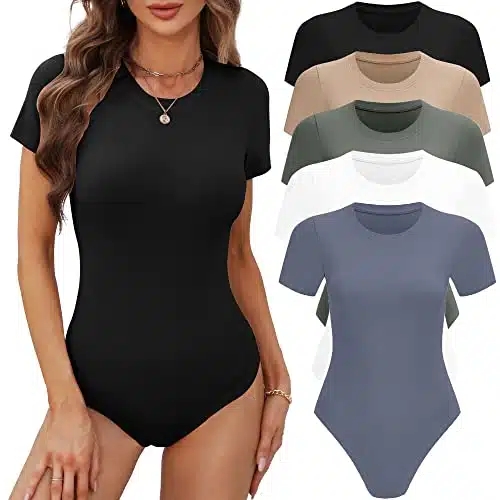 BALENNZ Women's Pack Short Sleeve Round Neck Bodysuit Tops Crew Neck Basic Casual Tshirt Bodysuits Large