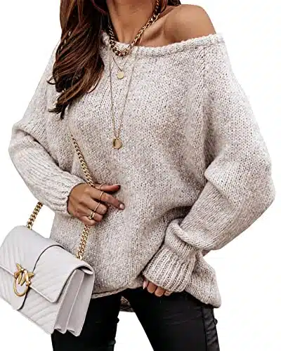 BTFBM Women Casual Long Sleeve Fall Sweaters Crew Neck Solid Color Soft Ribbed Knitted Oversized Pullover Loose Fit Jumper(Solid Apricot, X Large)