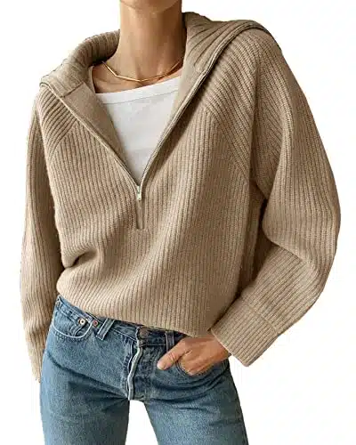 BTFBM Womenâs Casual Long Sleeve Half Zip Pullover Sweaters Solid V Neck Collar Ribbed Knitted Loose Slouchy Jumper Tops(Solid Light Khaki, Large)