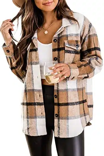 Blansdi Womenâs Casual Plaid Flannel Shacket Jacket Oversized Button Down Long Sleeve Fall Shirt Jacket Coat Tops