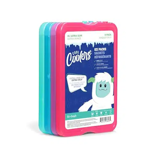 Cool Coolers by Fit & Fresh Pack XL Slim Ice Packs, Quick Freeze Space Saving Reusable Ice Packs for Lunch Boxes or Coolers, Multi