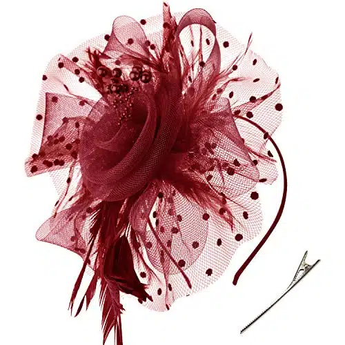 DRESHOW Fascinators Hat Flower Mesh Ribbons Feathers on a Headband and a Clip Tea Party Headwear for Girls and Women