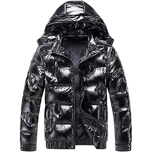 Dgoopd Winter Warm Men Puffer Coat Waterproof Reflective Jacket Lightweight Packable Winter Bubble Coat Shiny Bomber Jacket Black