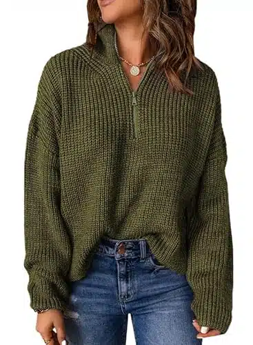 Dokotoo Plus Size Sweaters for Women Long Sleeve V Neck Sweater Quarter Zip Pullover Chunky Cozy Fall Fashion for Women Ladies Polo Lightweight Green Tops Large