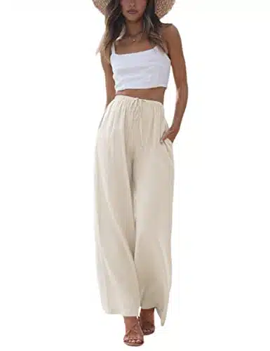 Faleave Women's Cotton Linen Summer Palazzo Pants Flowy Wide Leg Beach Trousers with Pockets(Apricot XS)