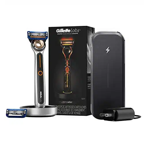 Gillette Heated Razor for Men, Deluxe Travel Shave Kit by GilletteLabs, Handle, Blade Refills, Charging Dock, Case