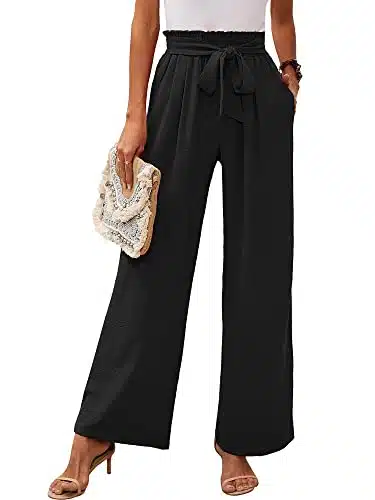 Heymoments Women's Wide Leg Lounge Pants with Pockets Black X Large Lightweight High Waisted Adjustable Tie Knot Loose Comfy Casual Trousers