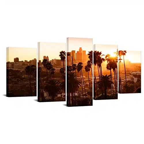 KREATIVE ARTS Panel Los Angeles Wall Art Beautiful Sunset Through the Palm Tree LA Skyline Canvas Print California Home Decor Artwork Gallery Wrapped Wood Stretched and Ready to Hang xinches