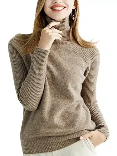 LINY XIN Women's Turtleneck % Merino Wool Fall Winter Warm Soft Long Sleeve Knitted Pullover Sweater Jumper Tops (Tan,S)