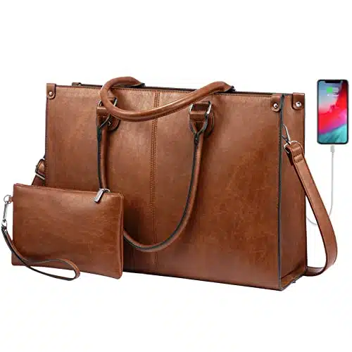 LOVEVOOK Laptop Bag for Women, inch Laptop Tote Work Bags with USB Charging Port, Vintage Leather Computer Bag