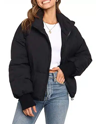 MEROKEETY Women's inter Long Sleeve Zip Puffer Jacket Pockets Baggy Short Down Coats,Black,S