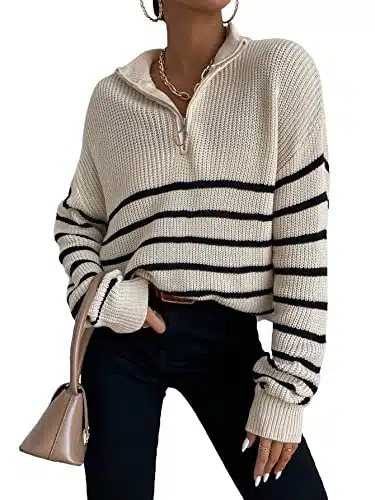 MakeMeChic Women's Casual Striped Half Zip Up Drop Shoulder Long Sleeve Sweater Pullover Top Apricot XL