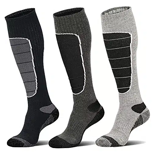 Merino Wool Ski Socks, Cold Weather Socks for Snowboarding, Snow, Winter, Thermal Knee high Warm Socks, Hunting, Outdoor Sports (Pairs (Black Grey Grey), Large)