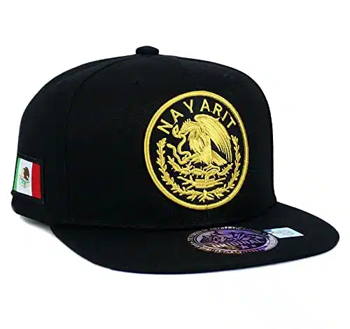 Mexican Hat Mexico State Federal Logo Embroidered Snapback Flat Bill Baseball Cap (Nayarit  BlackGold), Large X Large