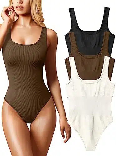 OQQ Women's Piece Sexy Ribbed Sleeveless Square Neck Tank Top BodySuit, Black Coffee Beige, Medium