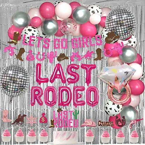 PCs Last Rodeo Bachelorette Party Decorations, Hombae Nashville Cowgirl Western Bachelorette Bridal Shower Fringe Curtain Balloon Garland Lets Go Girl Glitter Banner D Disco Ring Pink Silver