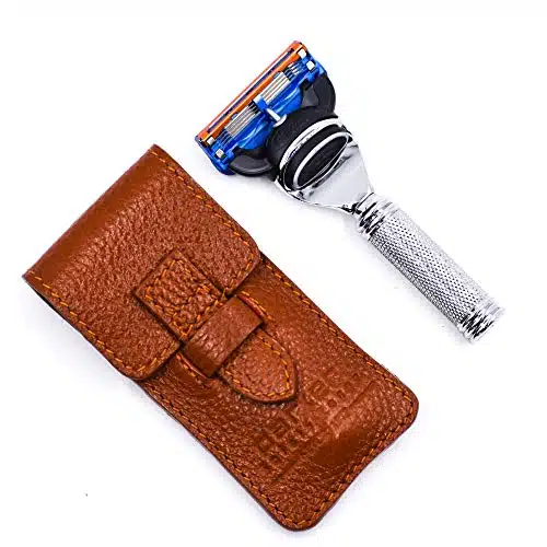 Parker Safety Razor, Blade Gillette Fusion Compatible Travel Razor with Luxurious Saddle Leather Case