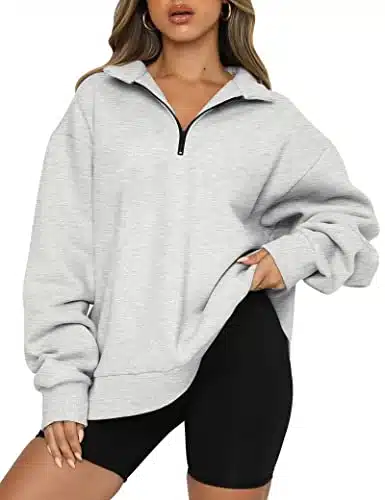 Trendy Queen Womens Oversized Half Zip Pullover Long Sleeve Sweatshirts Quarter Zip Hoodie Fall Sweaters Teen Girls YK Clothes Grey