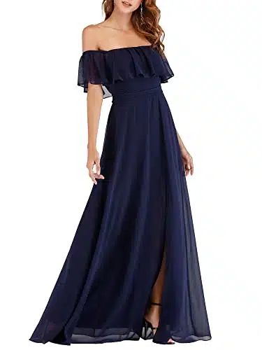 Women's Off Shoulder Casual Beach Dress Side Split Maxi Dress Holiday Dress Navy