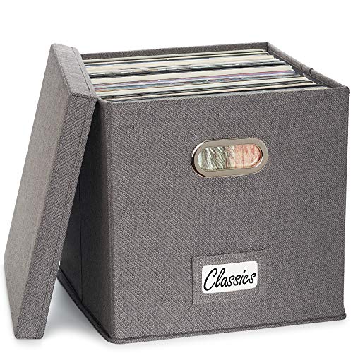 ZICOTO Decorative Vinyl Record Storage Box for + Single Records   Sturdy and Easy to Carry LP Holder with Lid   The Perfect Storage Crate for Your Valuable Album Collection