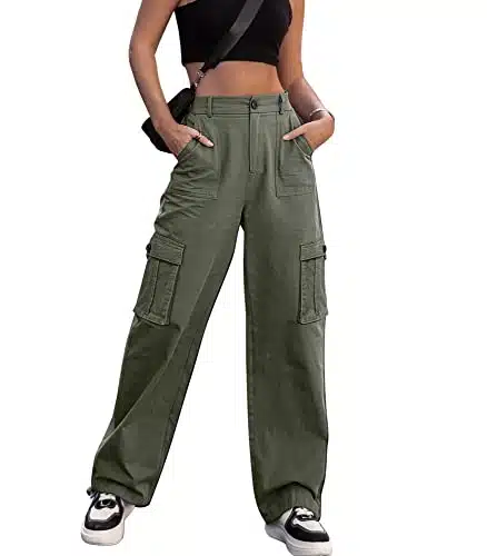 ZMPSIISA Women High Waisted Cargo Pants Wide Leg Casual Pants Pockets Combat Military Trousers(Green,Medium)