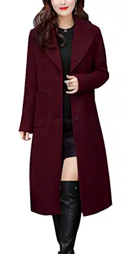 chouyatou Women's Big Notch Lapel Single Breasted Mid Long Wool Blend Coat (Medium, Wine Red)