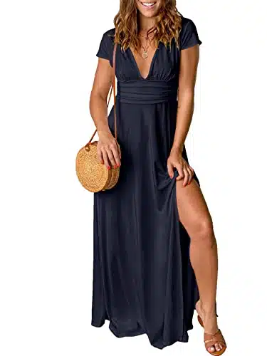 ANRABESS Women's Sexy Deep V Neck Short Sleeve Elegant Formal Gown Dresses High Waist Slit Club Party Evening Cockatil Maxi Long Dress for Wedding Guest zangqing M Navy Blue