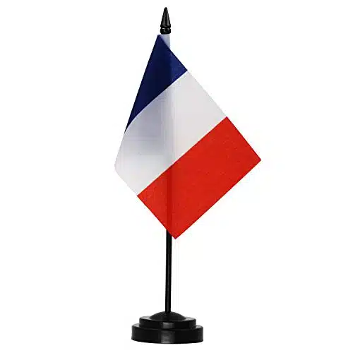 Anley France Deluxe Desk Flag Set   x Inch Miniature French Desktop Flag with Solid Pole   Vivid Color and Fade Resistant   Black Base and Spear Top