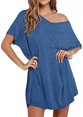 Ekouaer Women's Nightgown Tee Shirt Short Sleeve Cotton Sleep Nightshirt Pajama Dress with Chest Peacock Blue