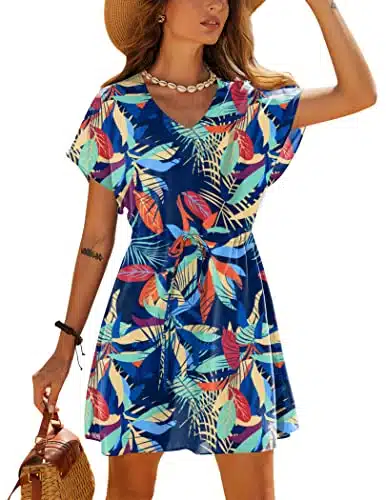 Ekouaer Womens SwimsuitÂ CoverÂ Up Beach Coverups for Women V Neck Beach Dress(Colorful Leaf, Medium)