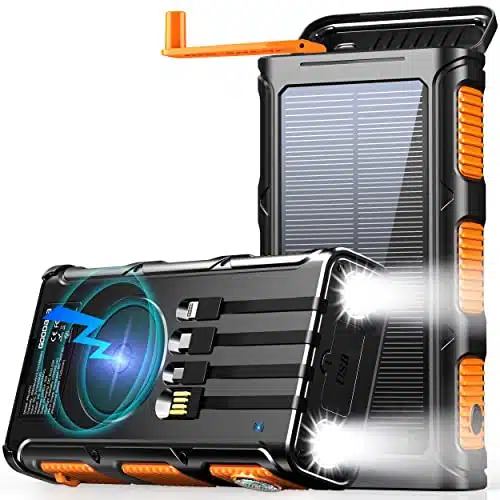 GOODaaa Power Bank Wireless Charger mAh Built in Hand Crank and Cables  Fast Charging Power Bank Outputs & Inputs Solar Portable Charger, SOSStrobeStrong Flashlights, Compass (Orange)