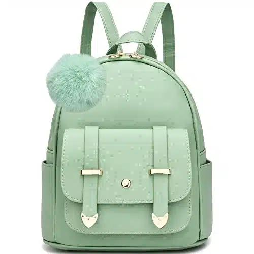 I IHAYNER Girls Fashion Backpack Mini Backpack Purse for Women Teenage Girls Purses PU Leather Pompom Backpack Shoulder Bag Green