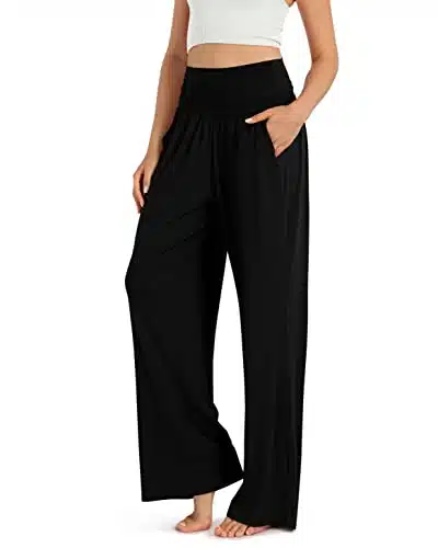 ODODOS Women's Wide Leg Palazzo Lounge Pants with Pockets Light Weight Loose Comfy Casual Pajama Pants inseam, Black, X Large