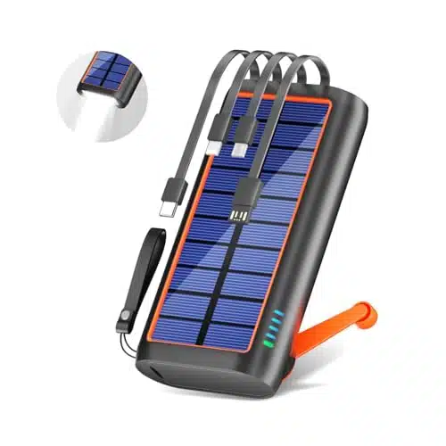 ReeZar Solar Power Bank, mAh Solar Charger,Portable Charger Built in Hand Crank Cables, External Battery Pack PD  QCFast Charging, Type C InputOutput, LED Camping Flashlight SOS