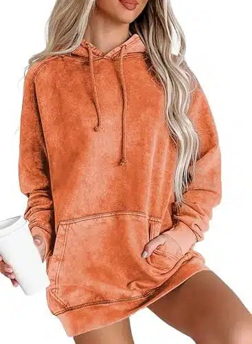 SHEWIN Hoodies for Women Casual Long Sleeve Drawstring Solid Hooded Sweatshirts Loose Lightweight Oversized Hoodie Fall Tops for Women, (XL),Orange