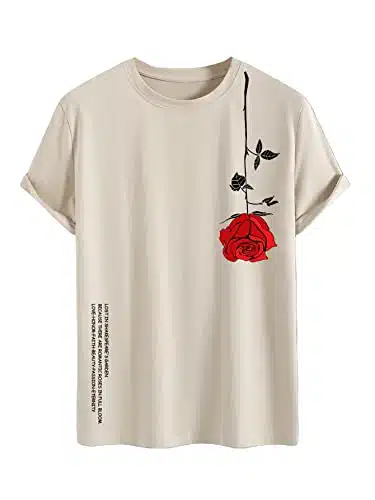 SOLY HUX Men's Graphic Tees Vintage T Shirts Floral Letter Print Crewneck T Shirts Short Sleeve Casual Summer Shirt Khaki Graphic M