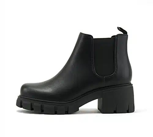 Soda PIONEER ~ Women Lug Sole Mid Heel Chelsea Fashion Ankle Bootie wDouble Elastic Gore (Black, numeric__point_)