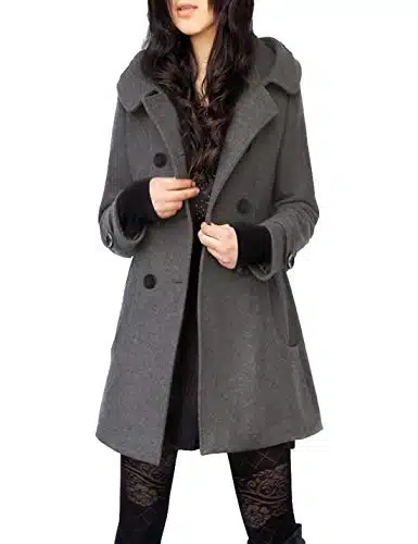 Tanming Women's Warm Double Breasted Wool Pea Coat Trench Coat Jacket with Hood (Grey L)