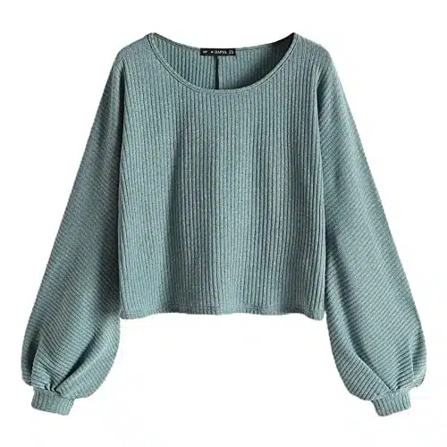 ZAFUL Women's Pullover Ribbed Batwing Lantern Sleeve Knitwear Knitted Crop Top Solid Round Neck Long Sleeve T Shirt Light Green