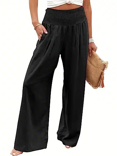 ANRABESS Women Linen Palazzo Pants Summer Boho Wide Leg High Waist Casual Lounge Pant Cute Teacher Work Outfits Trousers Pockets Black heise XL